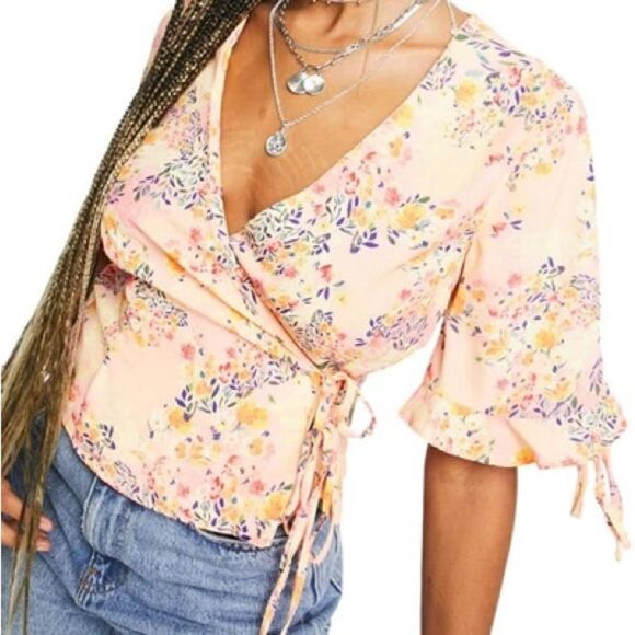Topshop Salmon Floral Wrap Shirt Size 8 - Picture 10 of 11